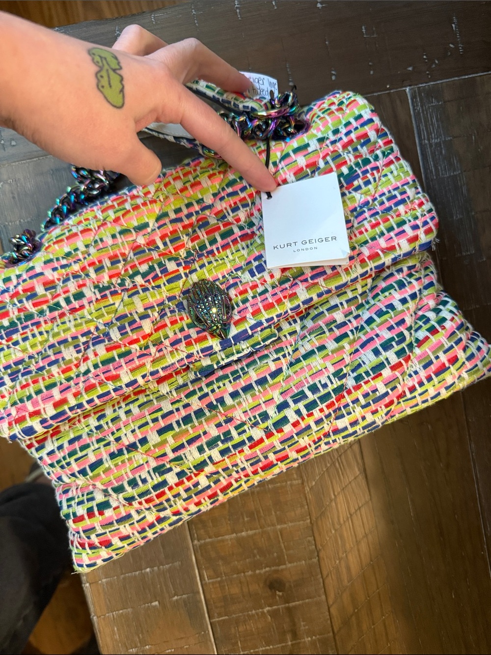 Kurt Geiger Large Kensington Tweed bag with Iridescent Chain (includes dust bag) - Picture 2 of 7